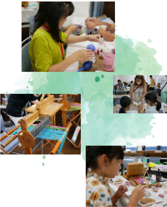 制作に夢中になっている真剣なまなざしや、完成品ににっこりと笑顔になる子供たちの写真が並んでいる
